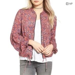 Free People Paisley Bomber Jacket Balloon Sleeve Red Jacket L
